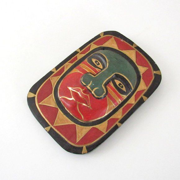 Bali Indonesian Wooden Carved Mask in Orange, Green & Gold Colors - Picture 2 of 3